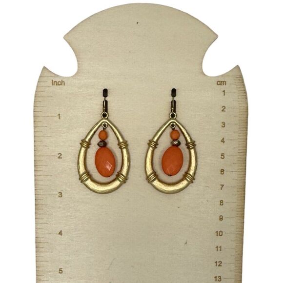 Gold-Tone Coral Orange Large Teardrop Dangle Earrings Statement - Picture 9 of 9